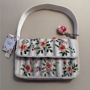 India Beaded Bag Pink Rose Flowers with Blue Pink White Stripes and Bag Charm